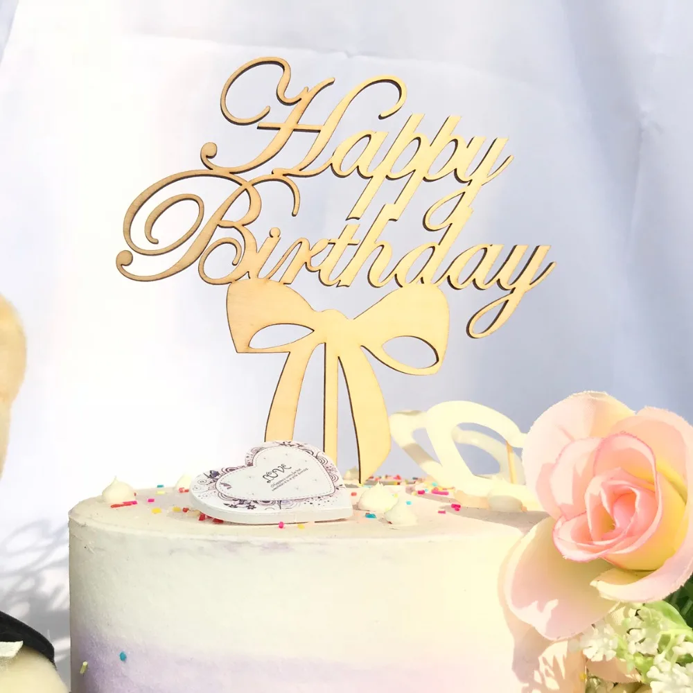 Wooden Happy Birthday Cake Topper Party Decoration WhiteBlackGlodSilver Happy Birthday Cake Topper Stand  Gift Supplies