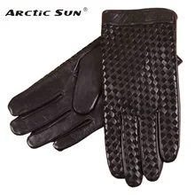 Business Men Genuine Leather Gloves High Quality Goatskin Glove Autumn Winter Plus Thermal Velvet Fashion Woven Plaid EM019NC