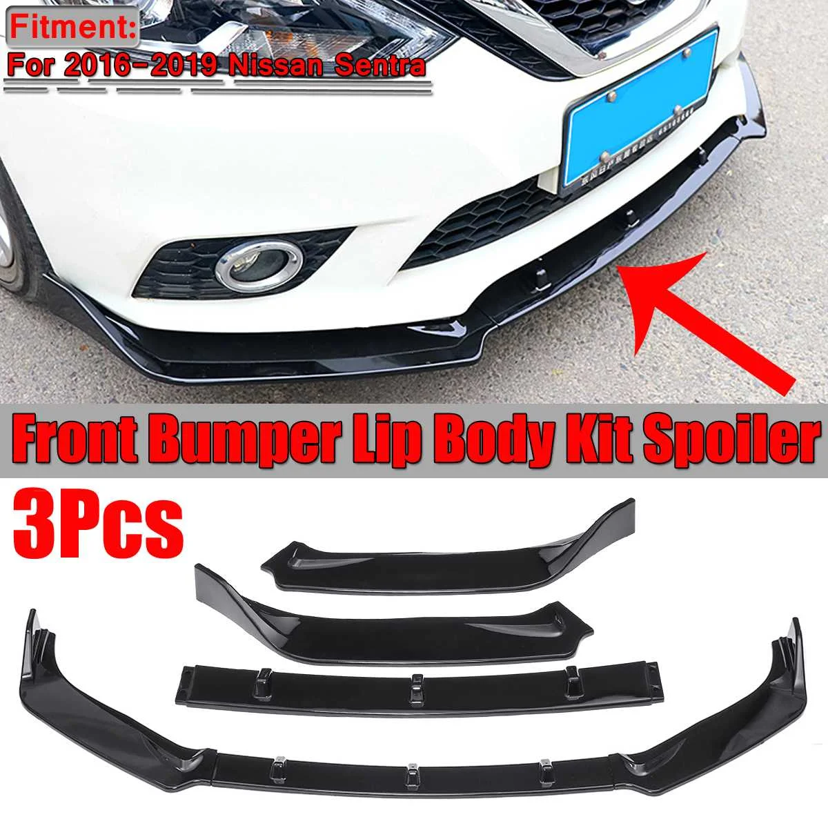 

3pcs Carbon Fiber Look/Black Car Front Bumper Lip Body Kit Spoiler For Nissan Sentra 2016-19 Front Bumper Diffuser Splitter Lip