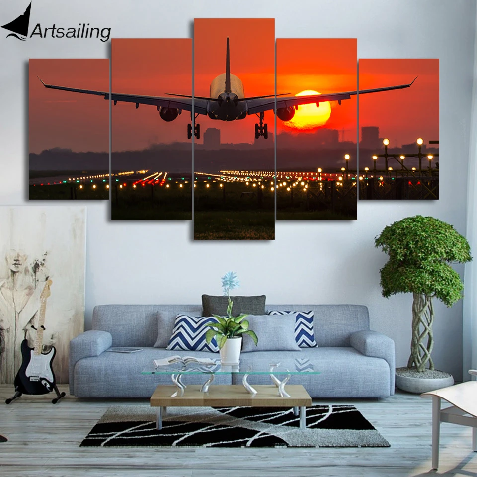 Airplane Landing Picture Sunset Lights 5 Panel Canvas Print Wall Home Poster