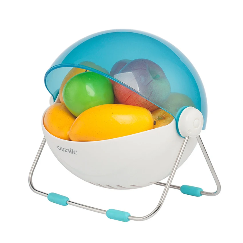 

Kitchen Double Drain Basket Creative Plastic Washable Fruit Basket Round Cover Snacks Storage Basket Home Vegetable Organizer