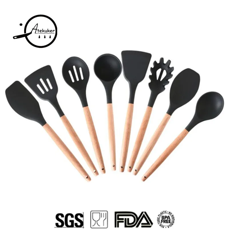 

Atekuker 8Pcs/set Kitchenware Wood Handle Silicone Cooking Utensils Set For Kitchen Turner Spatula Spoon Ladle Spaghetti Tools