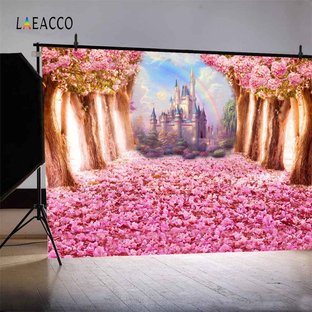 Laeacco Fairy Tale Forest Tree Flowers Castle Rainbow Photography Backgrounds Customized Photographic Backdrops For Photo Studio