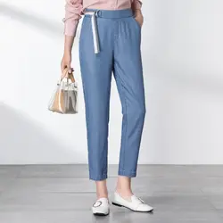 2019 летние новые женские укороченные джинсы с высокой талией Tencel Harlan джинсы с эластичной резинкой свободные большие размеры синие потертые