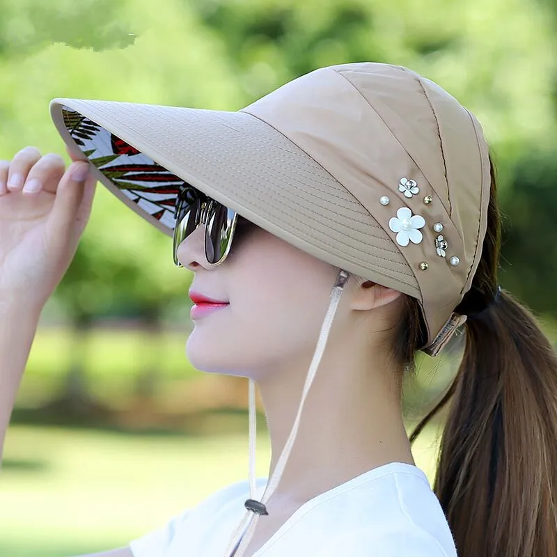 Simple Women Summer Beach with Big Heads Wide Brim Uv Protection Sun Hats Pearl Sun Visor Hat 