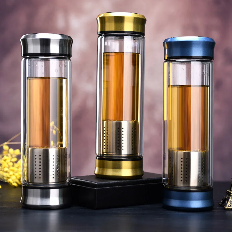 

Double wall Glass Water Bottle 300ML 400ML With Loose Leaf Tea Strainer Tea Infuser Glass Bottle Free to disassemble Thermos