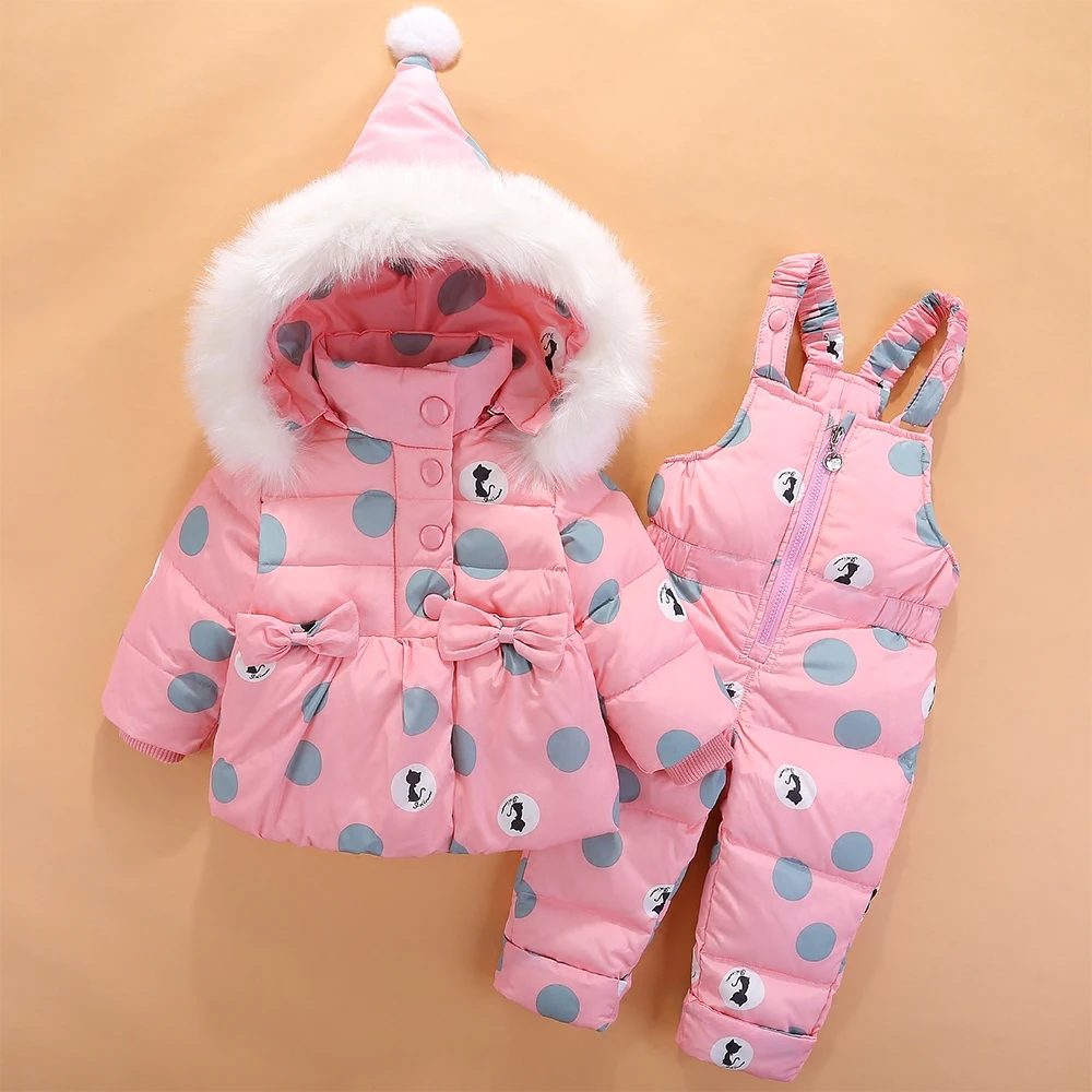 Новинка; зимний комбинезон для малышей; Милая зимняя одежда для маленьких девочек с рисунком кота; зимняя одежда; комбинезон с бантом; куртка с капюшоном в горошек; Z72