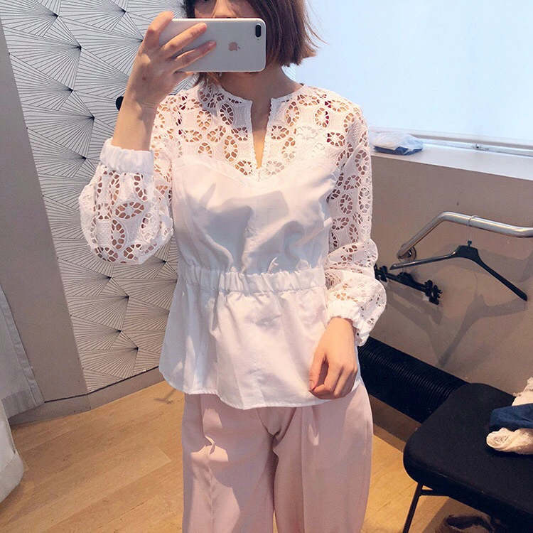 

2019 spring new V neck lantern long sleeve hollow out lace embroidery patchwork women white waist cotton blouse shirts