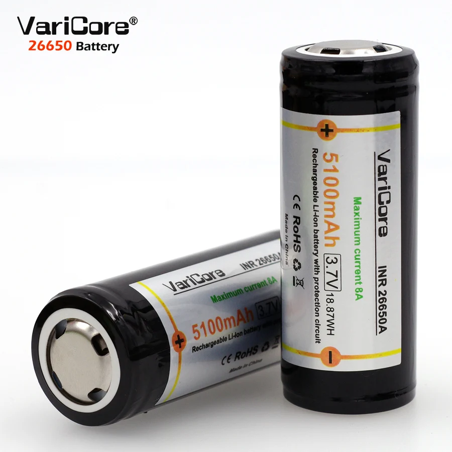 

VariCore 3PCS Protection 26650 5100mAh 3.7V Li-ion Rechargeable Battery with PCB 8A 3.6V Power batteries for Flashlight