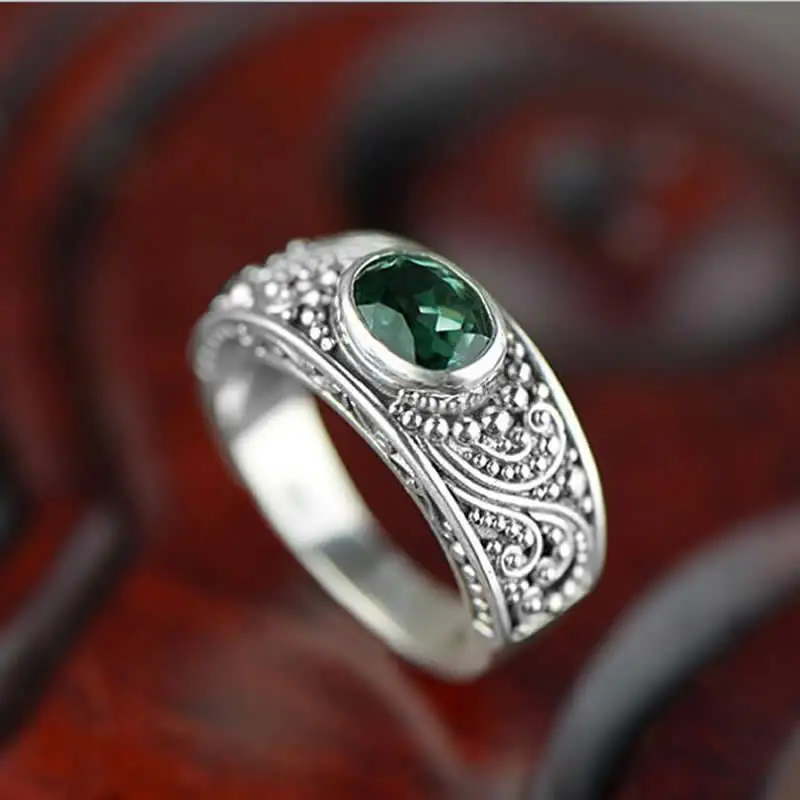 

New Arrival Solid Sterling Silver Green Crystal Ring Women Fashion Ring Band Carved Flower 7.3g