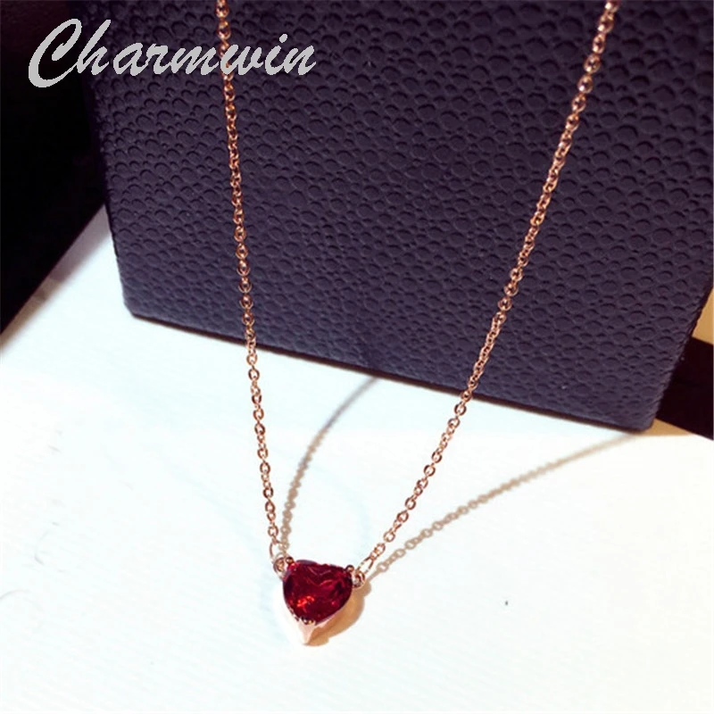 

Charmwin New Fashion Simple Short Necklaces Women Clavicle Necklaces Red Rhinestone Heart Pendant Necklaces Women PN0360
