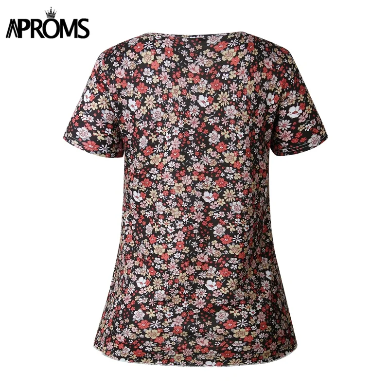 Aproms Корейская Милая футболка с цветочным принтом, женская летняя футболка с коротким рукавом, свободная Мягкая футболка, женские топы, женская одежда