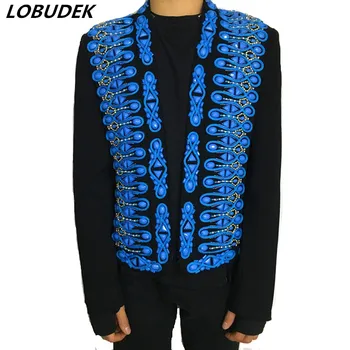 

Handmade Costume Blue Crystals Beading Men's Jacket Court Dress Tide Male Vocal Concert Stage Costume Bar Singer Casual Coat