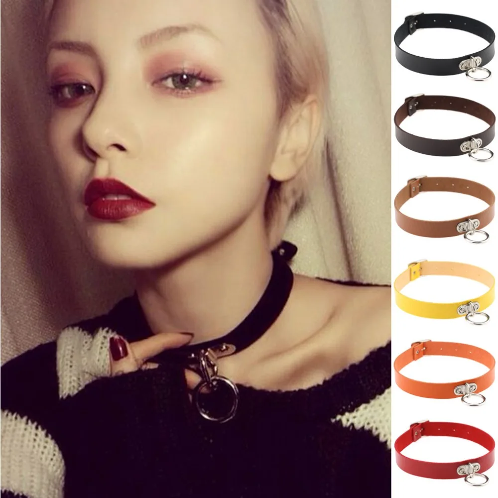 

Handmade Gothic Punk Metal Circle Pendant Necklaces Women Snap Fastener PU Leather Chokers Neck Anime Necklace Collar Bijoux