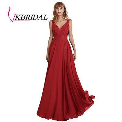 VKbridal Tank Top Lace Prom Gowns Long Deep V Neck Chiffon Bridesmaid Dresses Plus Size - Цвет: Red