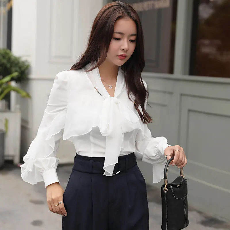 Elegant Bow Ruffles Blouses Women's Long Butterfly Sleeved White Chiffon Lotus Shirts OL Single-breasted Tops