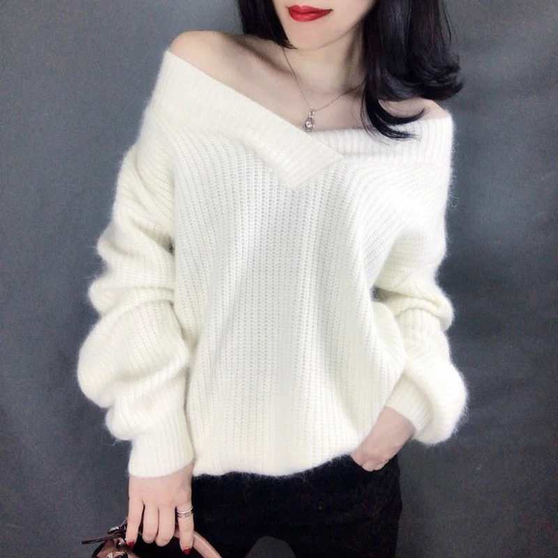 Najtaniej Sweter z dekoltem w serek, jesień, sweter z dzianiny, latarnia, kaszmirowy, kobiecy sweter, solidne, damskie, eleganckie, Pull Femme