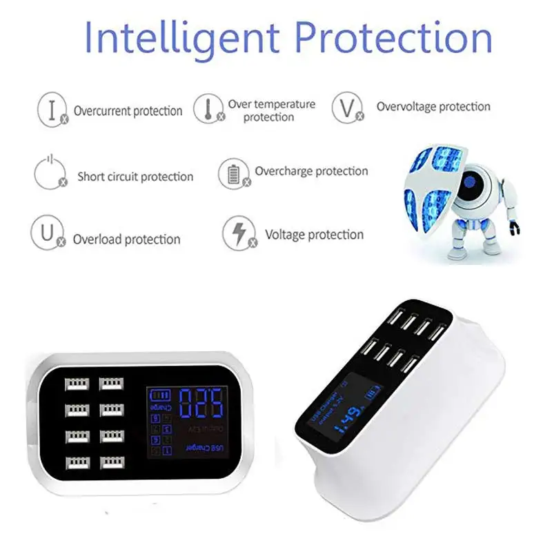 8-Port USB Fast Charger Power LCD Display Adapter Quick Charge with Smart IC Auto Detect Tech Compatible iPhone X /8/7 iPad