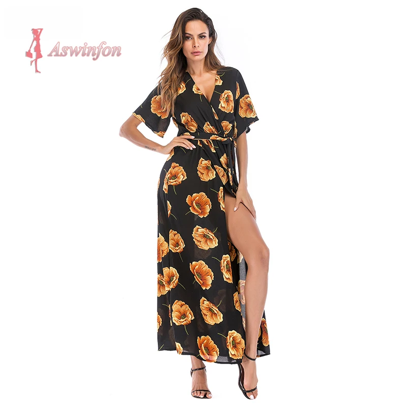 

Aswinfon Summer Maxi Print Dress Woman Sexy Chiffon Floral Long Beach Dresses Spilt Sundress