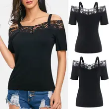 KANCOOLD, топы, футболки, женская модная повседневная Однотонная футболка с коротким рукавом и кружевной панелью, открытые плечи, женские топы 2018MA22