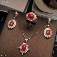 KJJEAXCMY Boutique jewels 925, инкрустированные серебром, натуральный красный коралловый рубин, женские серьги, набор колец, поддержка обнаружения