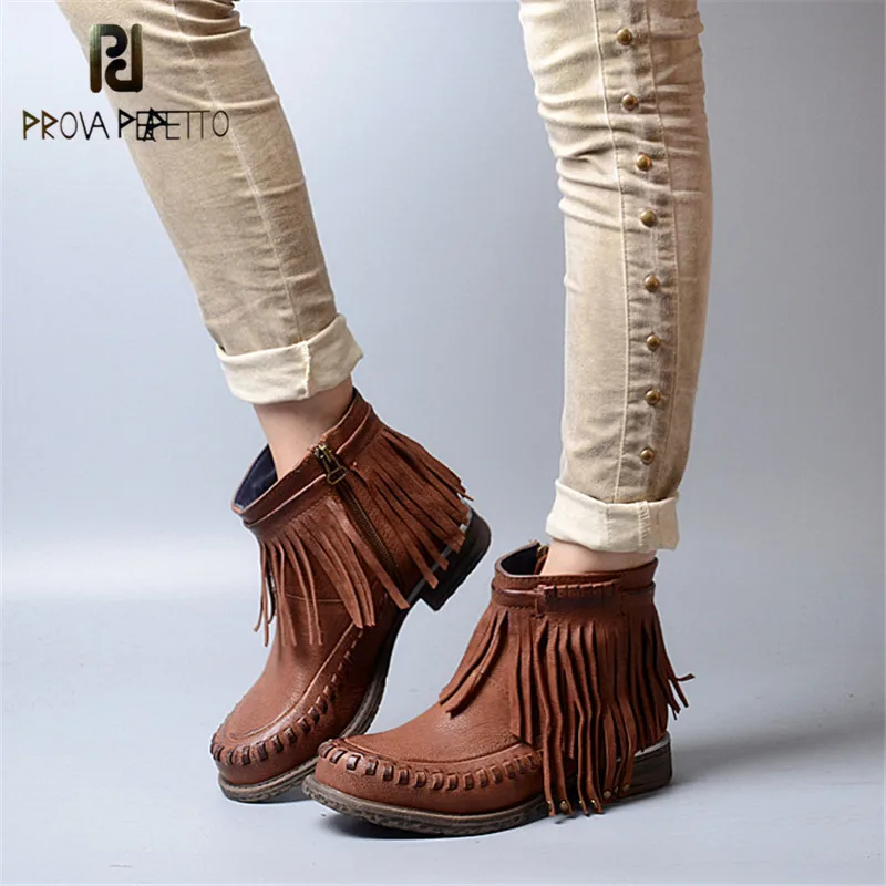 

Prova Perfetto Euramerican Style Sewing Design Toe Fringe Woman Short Boots Sheep Genuine Leather Zipper-side Low Heel Boots