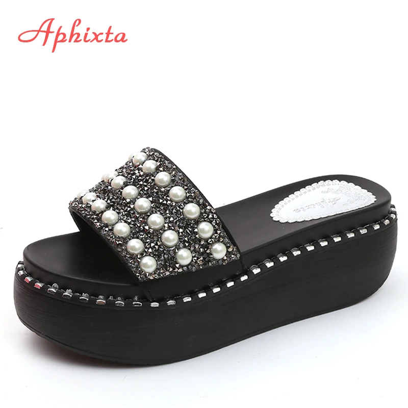 

Aphixta Platform Slippers Women Pearl Pearls Slides Women Sandals Wedge Platform Heel Slippers String Bead Beach Slides Shoes
