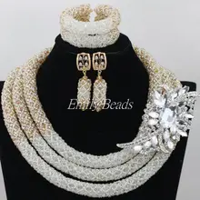 Африканский белый ожерелье бижутерия с бусинками наборы Полный комплект ювелирных изделий золото нигерийской свадьбы африканская бижутерия наборы AIJ580