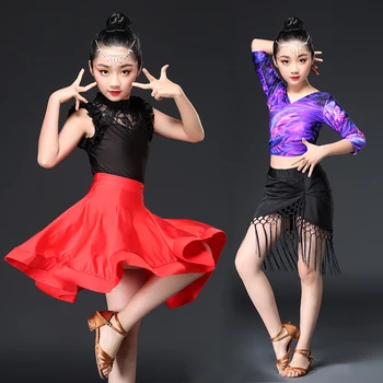 

Kids Ballroom Dance Wear Salsa Tango Rumba Samba Costume Lace Children Professional Latin Dance Dress for Girls Flamengo Skirt