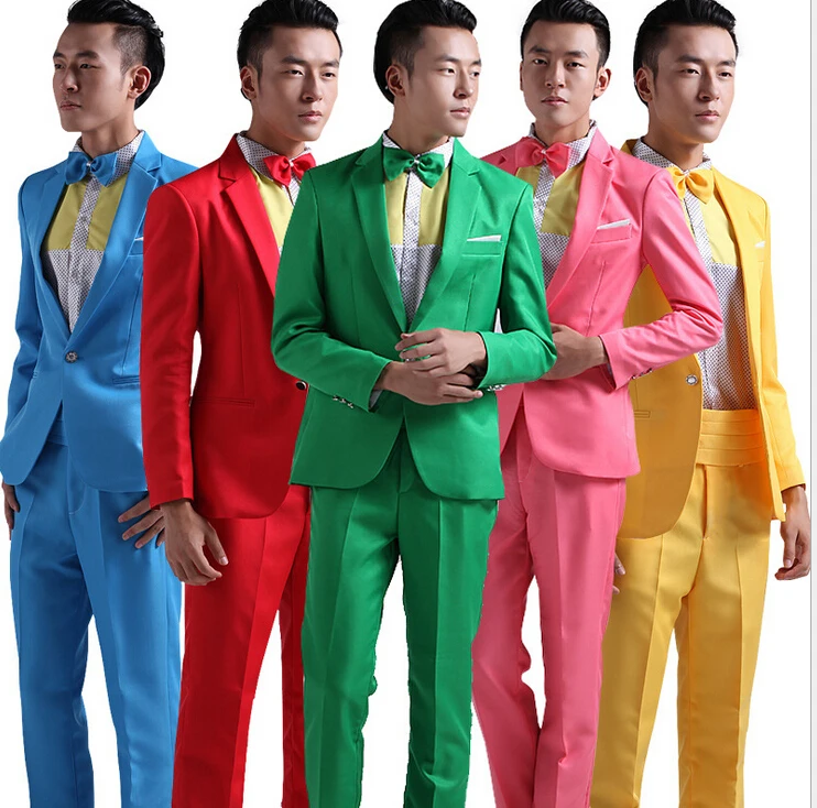 

Suit Men New 2019 Long-Sleeved Men's Suits Dress Hosted Theatrical Tuxedos For Men Wedding Prom Red Yellow Blue And Green M L XL