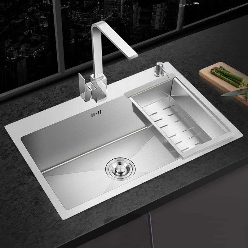 

Kitchen sink 304 stainless steel single bowl large manual trough bar single trough vegetable wash trough set with faucet