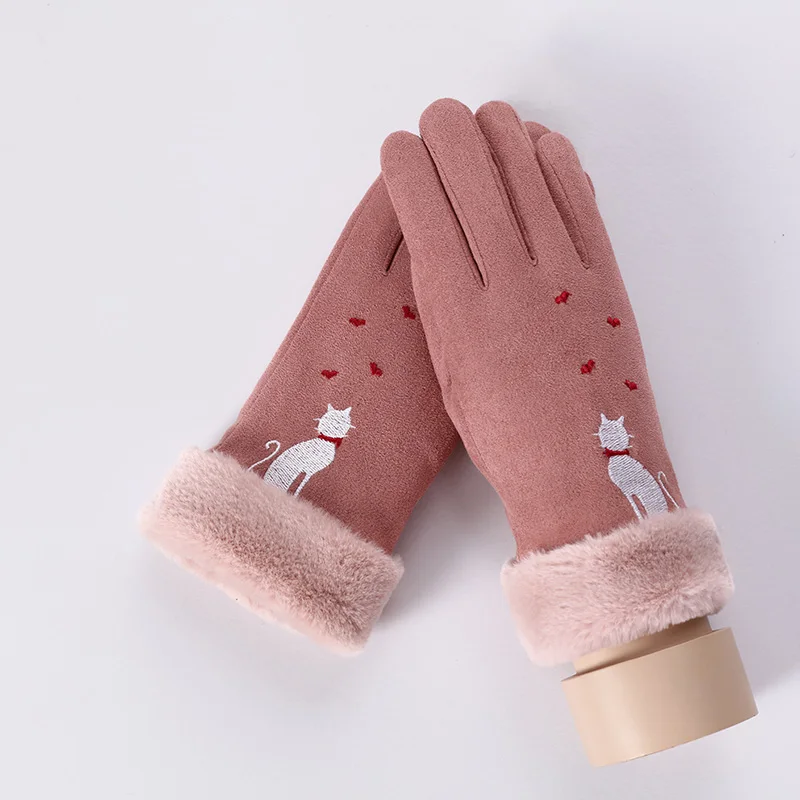 Новые зимние женские двойные толстые плюшевые Наручные Теплые кашемировые милые снежинки Варежки женские гибкие перчатки для вождения с сенсорным экраном 81E - Цвет: D Pink