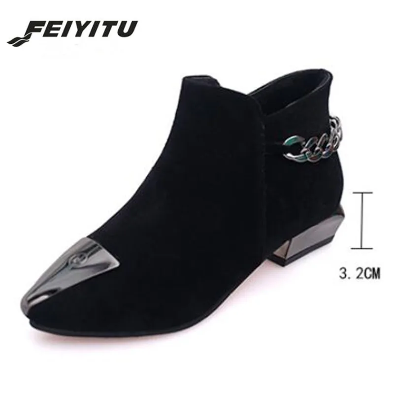 Модные замшевые кожаные женские ботильоны feiyitu зимние ботинки с острым носком на
