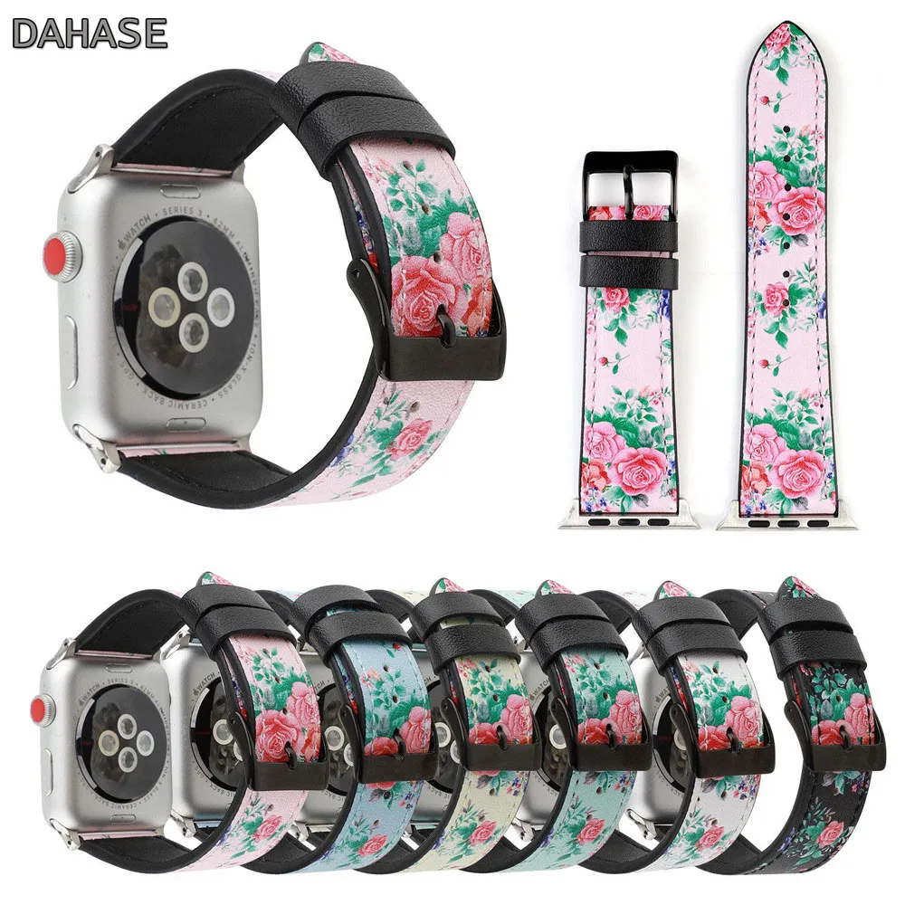 Кожаный ремешок с цветочным принтом для Apple Watch 44/40 мм 42/38 розовый браслет кожаный
