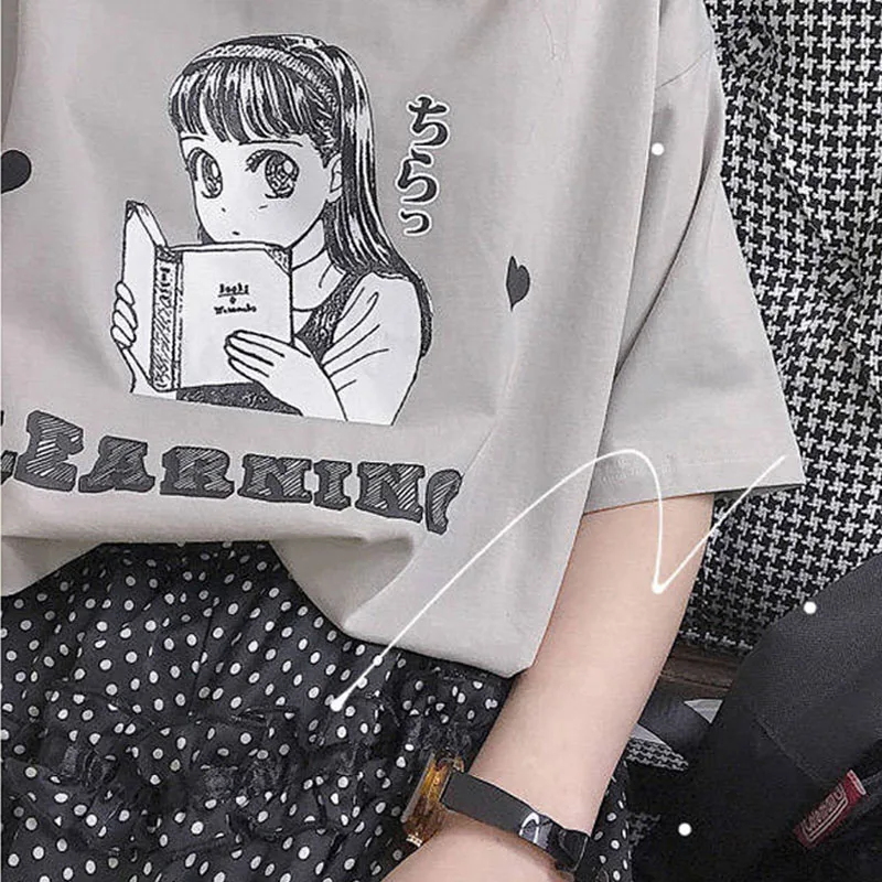 

Japan Sweet Girl Reading Book Women Printed T-Shirt Black/Grey Cute See You Polyester Female Tshirt For Summer Tee Tops
