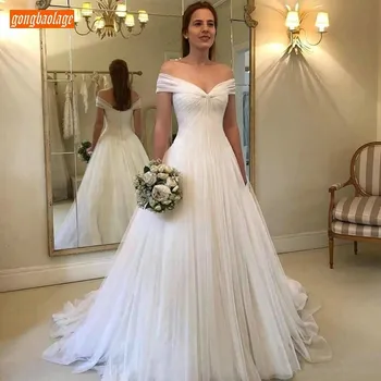 

Elegant Tulle White Wedding Dresses Long Off Shoulders Pleats Beach Garden Bridal Dress Slim Fit Princess Pageant Wedding Gowns