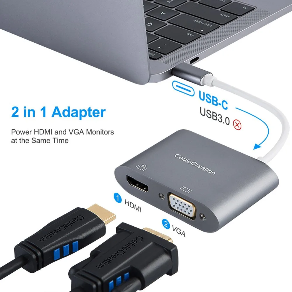 Тип C к HDMI/VGA, кабель USB C к HDMI+ VGA адаптер, двойной разделитель монитора, совместимый MacBook Pro, iPad Pro/MacBook