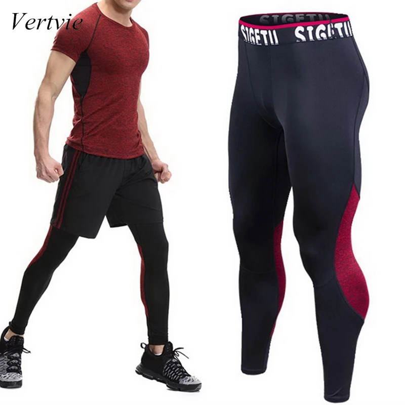 

vertvie 2019 Men Compression Pants Tights Quick Dry Bodybuilding Man Trouser Gym Patchwork Elastic Quick Dry Skinny Leggings