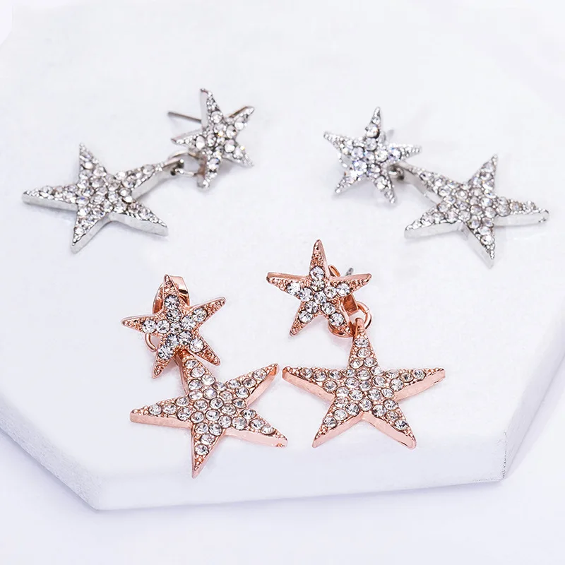 10 pairs/lot Double Star Earrings For Women Crystal Stud Earring Gold Silver Plated Rhinestone