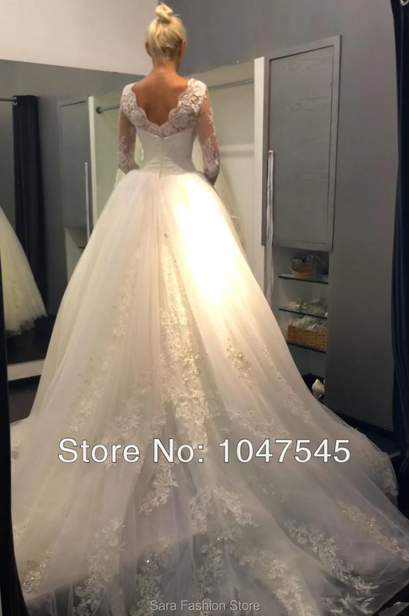 Высокое шея кружева длинными рукавами из бальное платье элегантный принцессы свадебное платье 2014 спинки свадебное платье свадебные