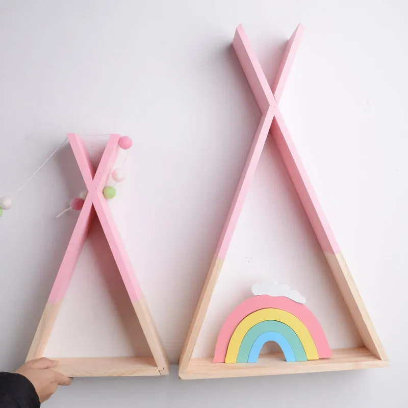 

Nordic Style Wooden Triangle Shelf Cute Colors Shelf Wall Hanging Trigon Storage Book Shelf Home Kids Baby Room DIY Decor Gifts