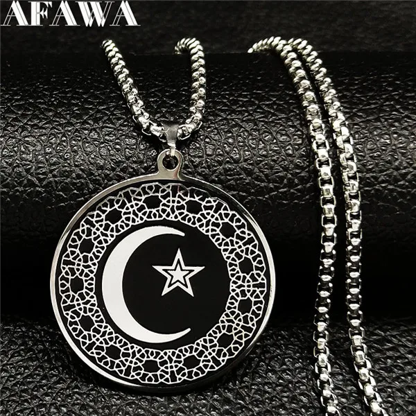 Модные мусульманские ожерелья из нержавеющей стали с изображением звезды луны, мужские ожерелья черного и серебристого цвета, подвески, ювелирные изделия, colgante N18538 - Окраска металла: A 50cmBox SR