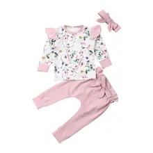 0-24M Autumn Infant Baby Girl Clothes Long Sleeve Flower Tops+Pants 3PCS Outfit Set