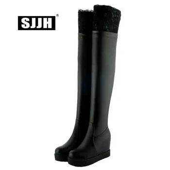 

SJJH Women Long Boots with Round Toe Platform Lace Embroider PU Slip-on Plush Over-the-Knee Boots Fashion Shoes Large Size A1045