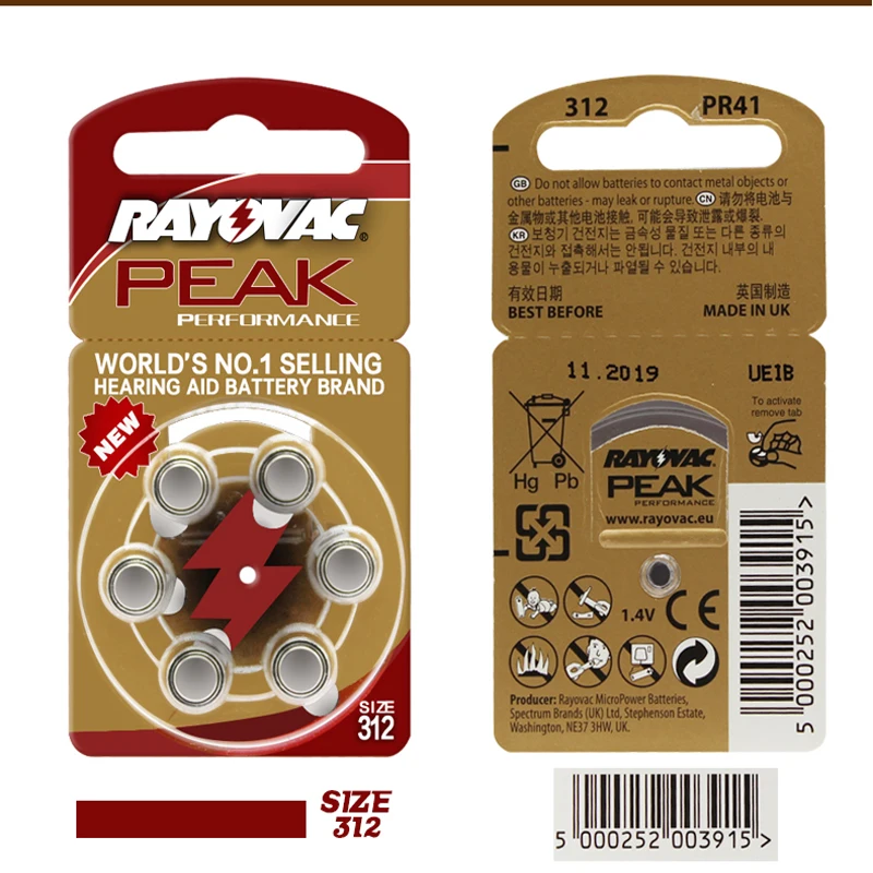 Батарейки для слухового аппарата RAYOVAC PEAK Air цинковые 6 шт. A312 312A ZA312 312 PR41 S312