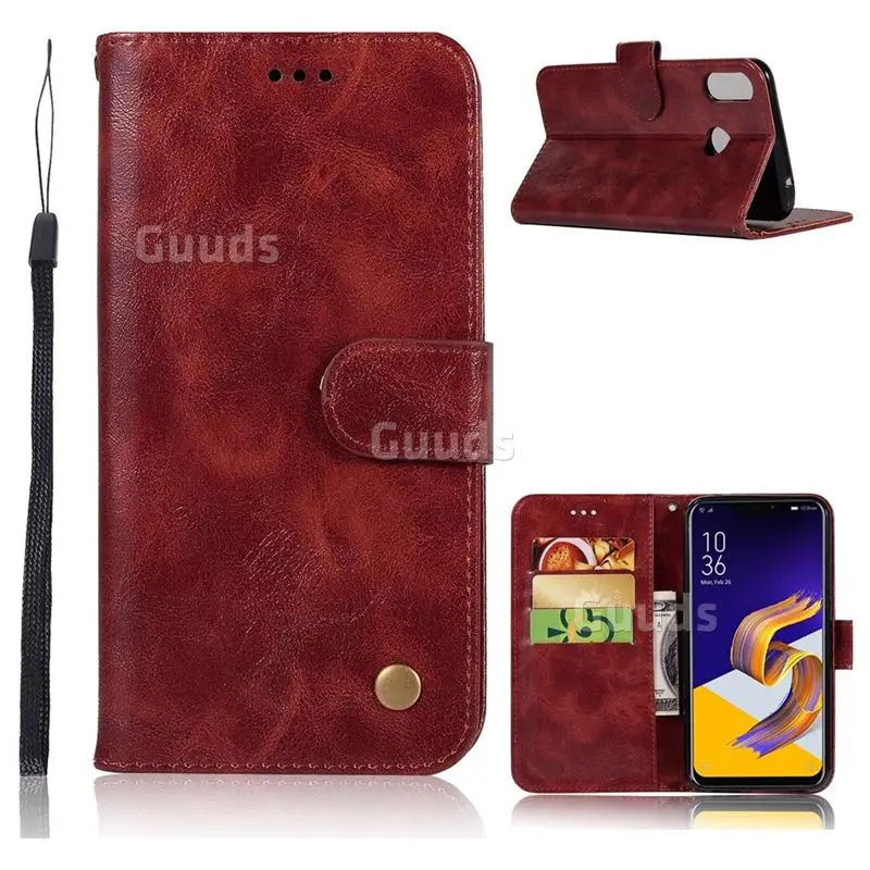 Luxury Retro Leather Wallet Case for Asus ZenFone 5Z ZS620KL - Wine Red