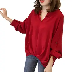 Осенние женские свободные рубашки повседневные v-образный вырез однотонные рукава летучая мышь женские блузки с длинным рукавом сладкий