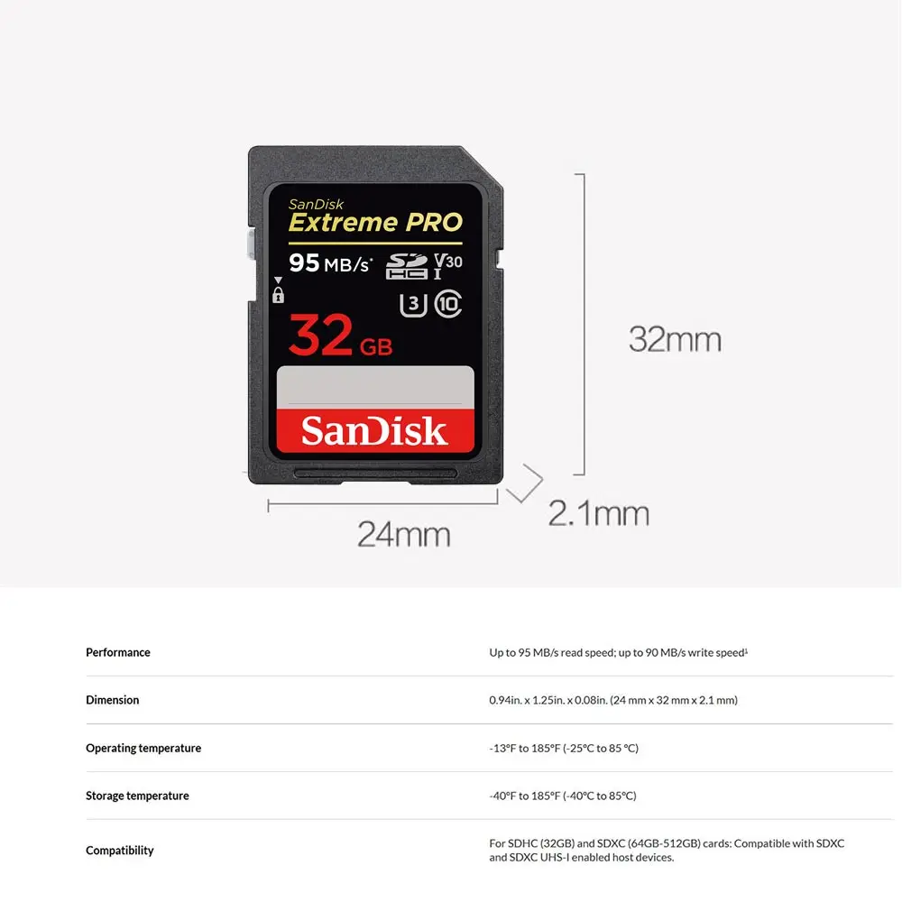 Sandisk Extreme Pro 32 Гб SDHC UHS-I карты SDHC V30 Class 10 U3 в формате 4K UHD, ESP Технология до 95 МБ/с. слот для карт памяти Trans Flash SDCard