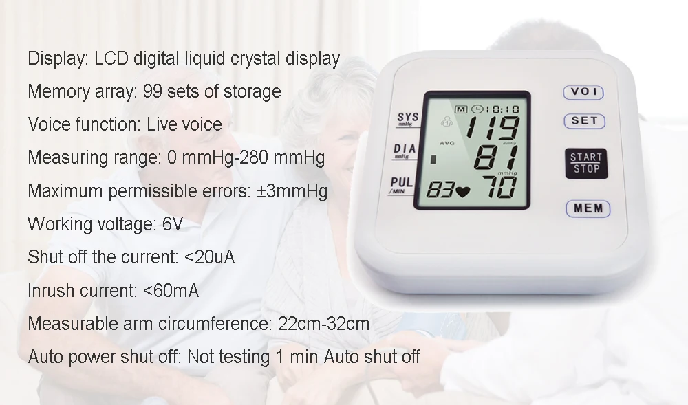 Живой голос Автоматический монитор артериального давления на руку ЖК-цифровой экран 90 измерений для 2 пользователей