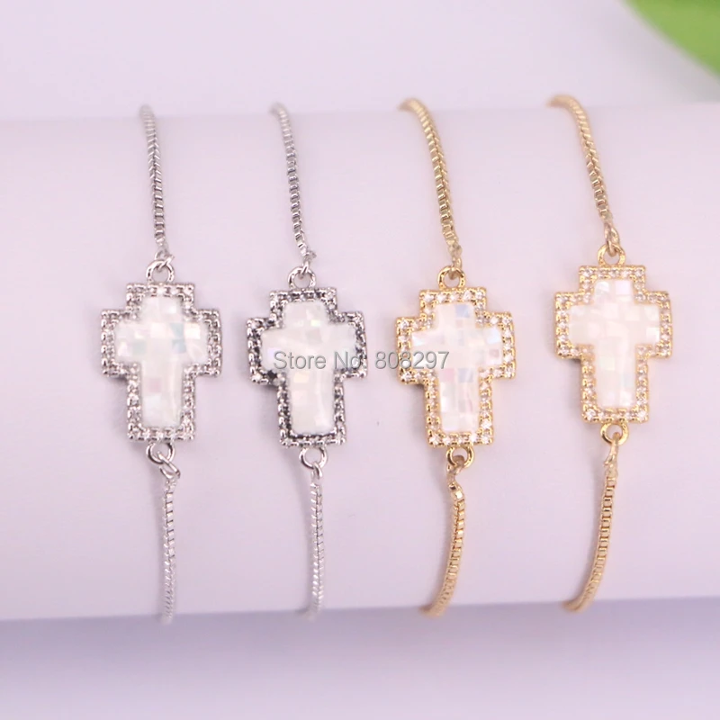 

10Pcs Micro Pave CZ Cross Shell Connector Adjustable Chain Bracelets for Women